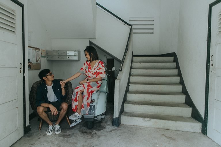 Malay wedding couple in Singapore on a scooter