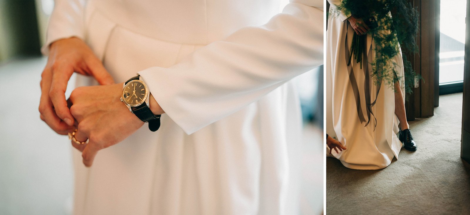 Close-up of a bride's hands adjusting her watch, with a glimpse of her white wedding dress and bouquet in the background. This detail captures a moment from the Kin + Christine wedding at the Keyaki Garden Pavilion, Singapore.