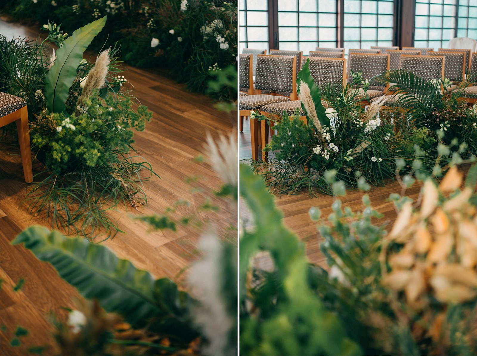 A serene wedding aisle at Keyaki Garden Pavilion, Singapore, adorned with lush greenery and pampas grass, leading to elegant seating.