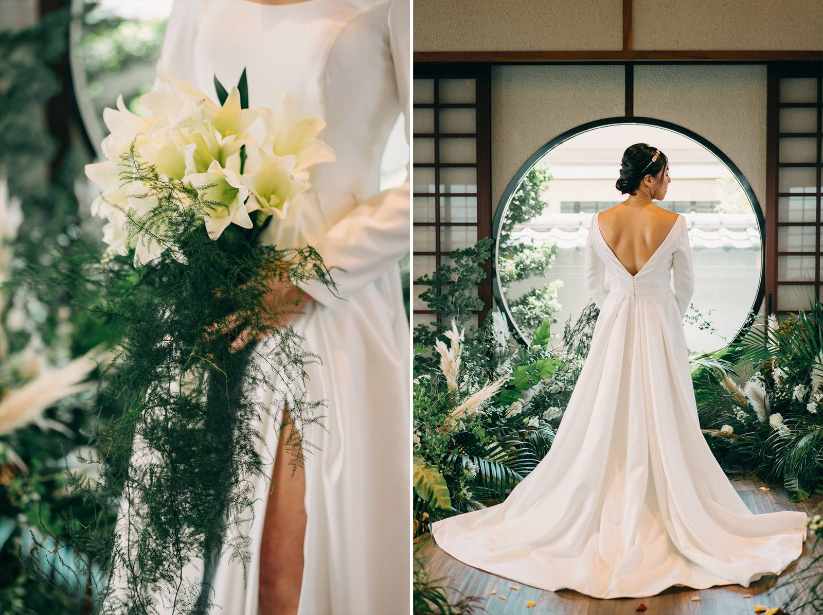 Bride in a minimalist white wedding dress with a thigh-high slit and long sleeves, holding a bouquet of white lilies and greenery at a Keyaki Garden Pavilion wedding in Singapore.