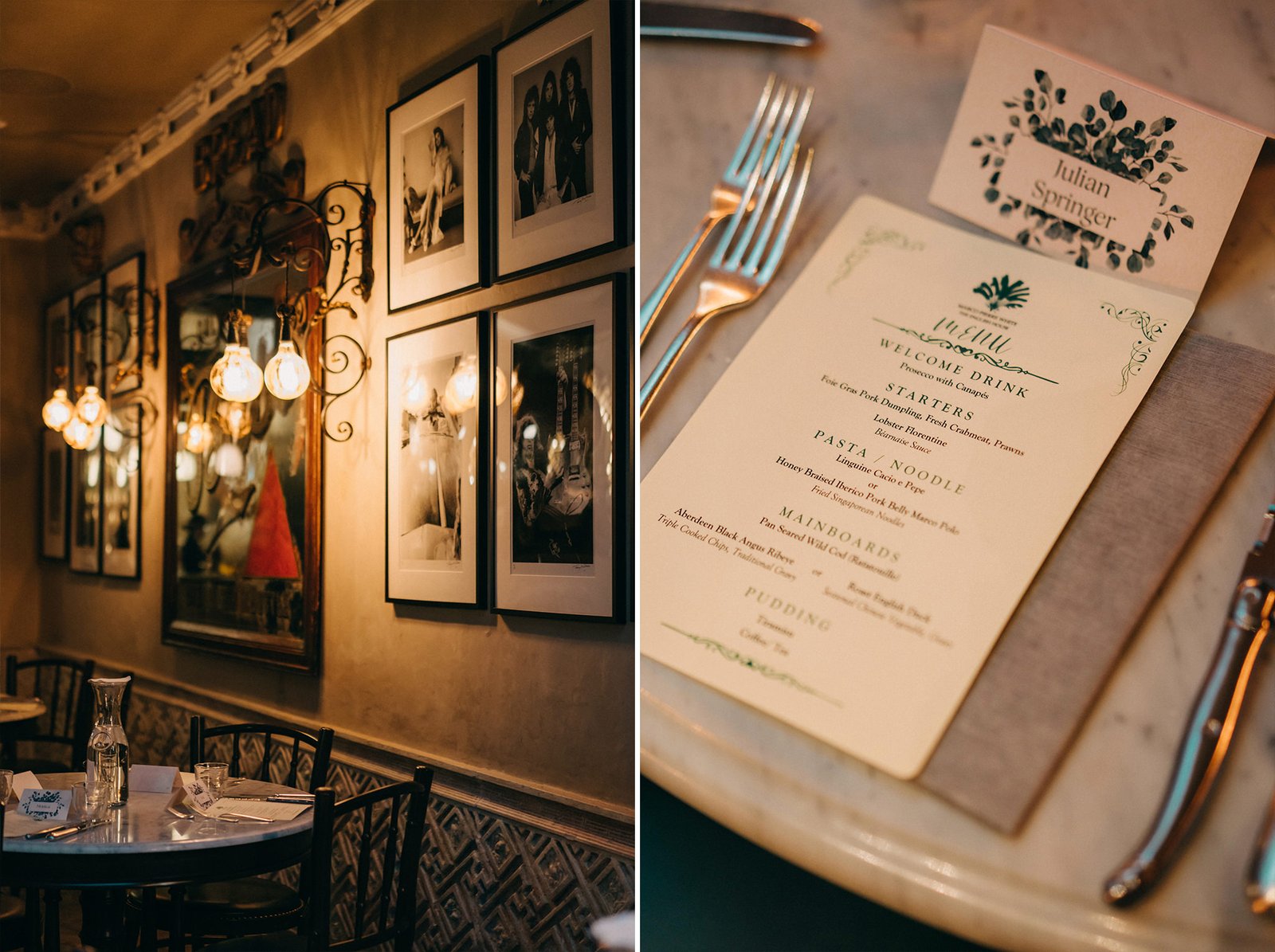 Elegant wedding menu from The English House Singapore, featuring "Cacio e Pepe" and "Pudding" dishes, set on a marble table with cutlery and a floral place card for Julian Springer.