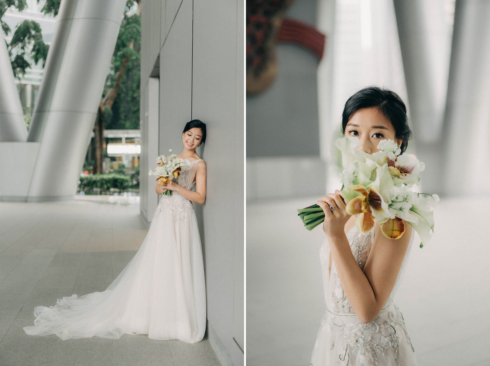 Bride in a flowing wedding dress holds a bouquet at Monti at 1-Pavilion, Singapore, captured by wedding photography.