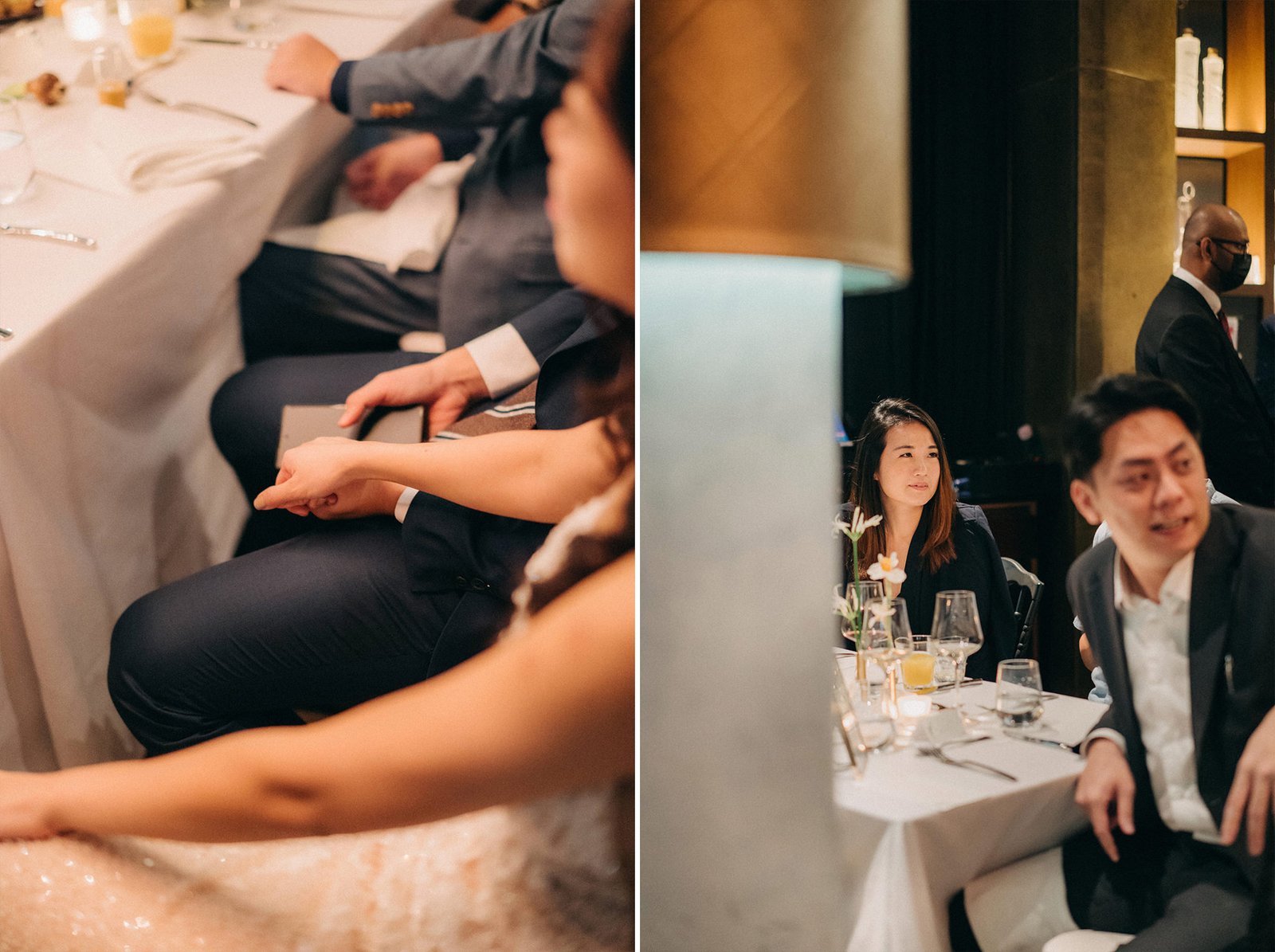A wedding reception at Monti at 1-Pavilion in Singapore, featuring guests seated at elegantly set tables, with a couple in formal attire in the foreground.