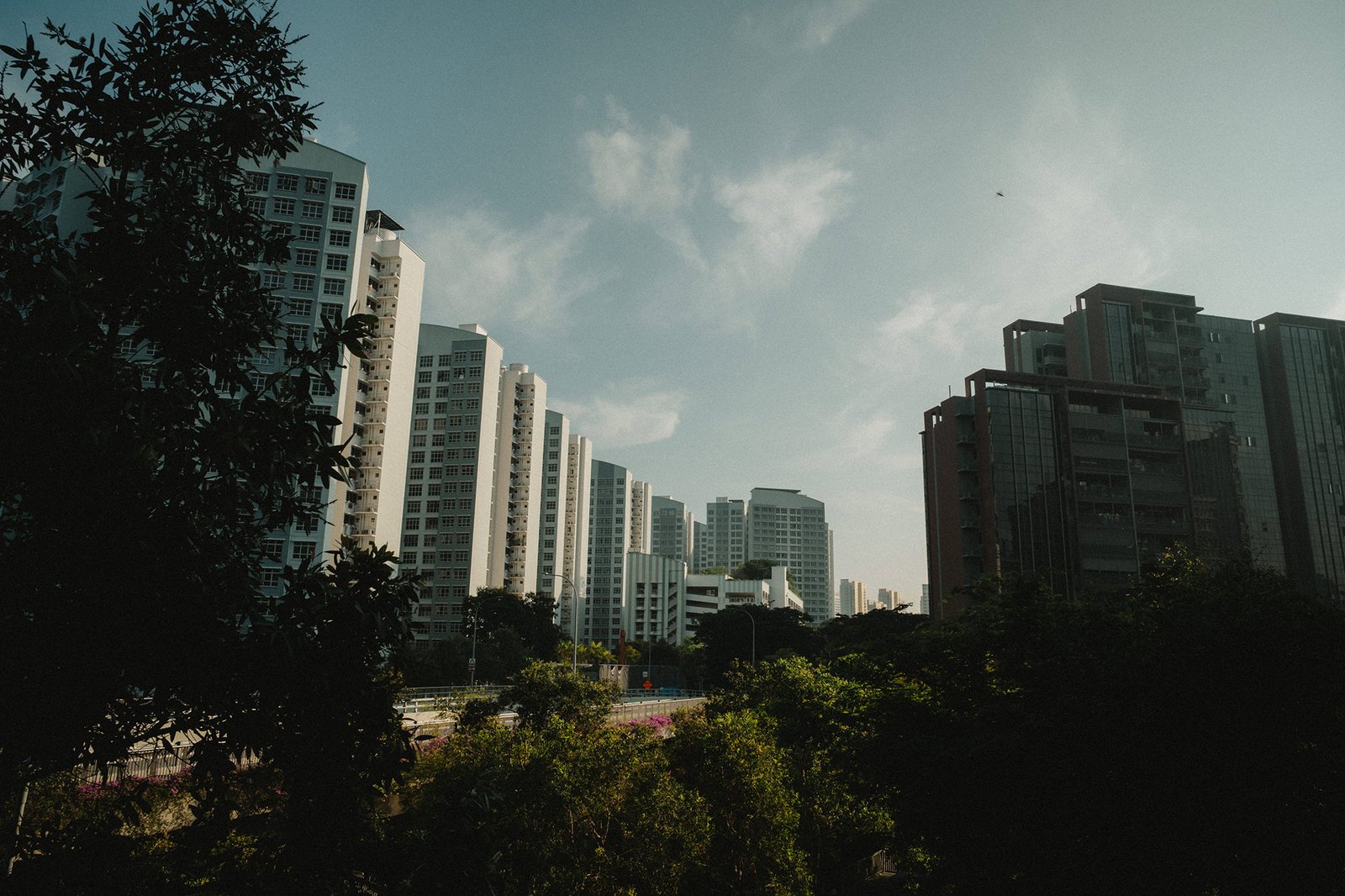 Singapore skyline with modern apartment buildings and lush greenery