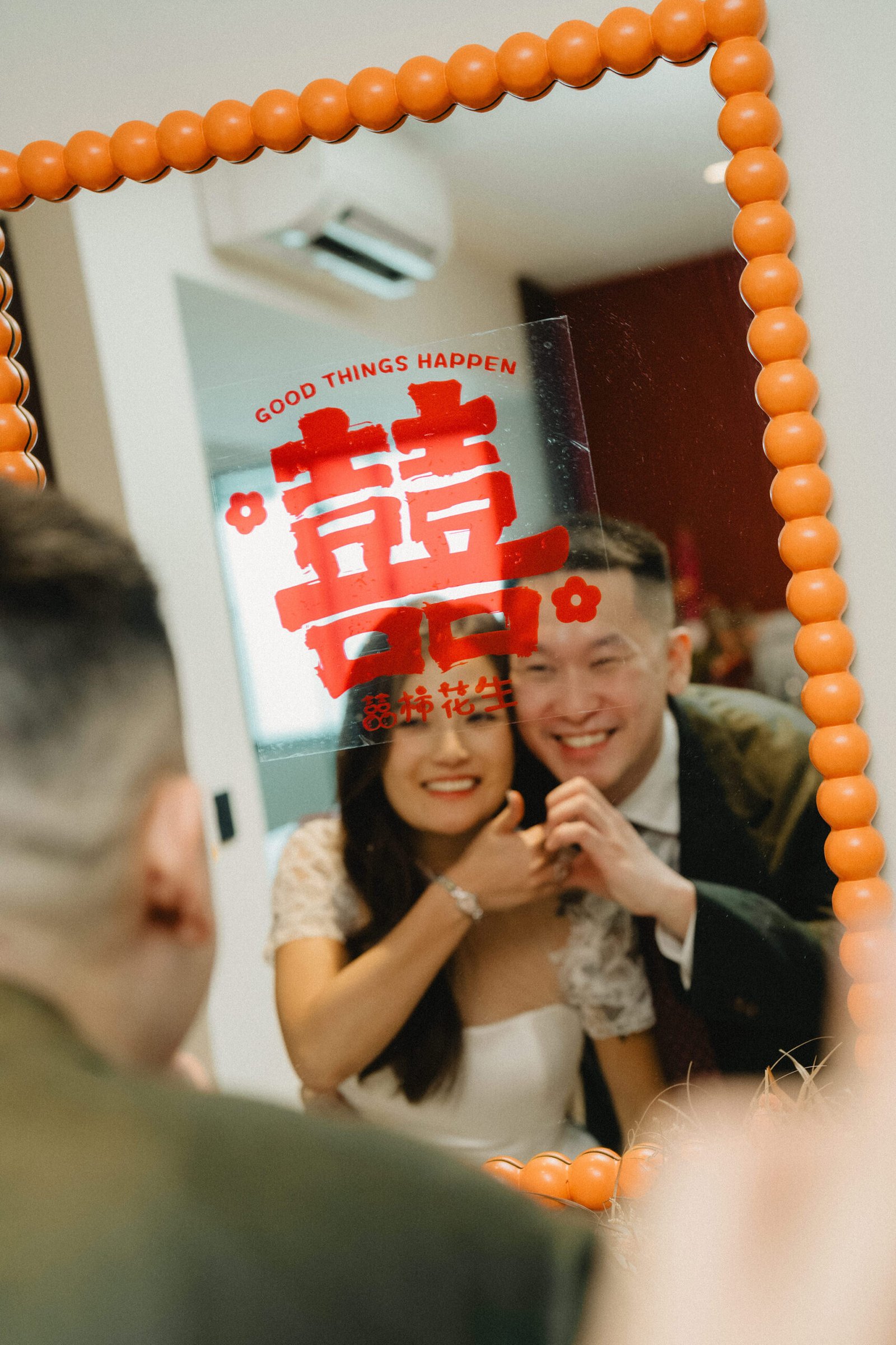 Jared and Xinyu wedding at Atlas Bar Singapore, happy couple with Chinese characters