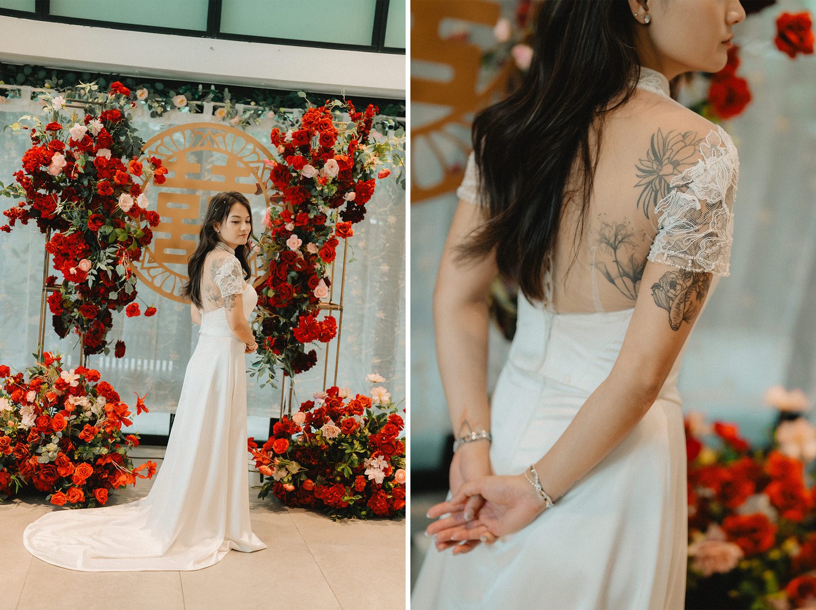Bride in white dress at Atlas bar Singapore wedding, with red floral decor.