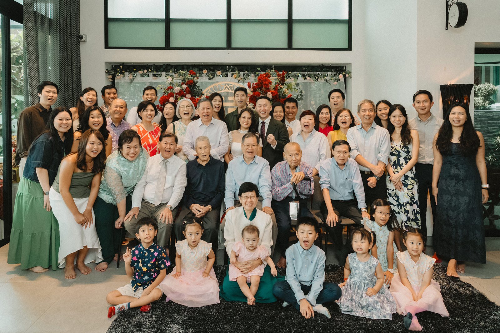 Jared and Xinyu's wedding group photo at Atlas Bar Singapore