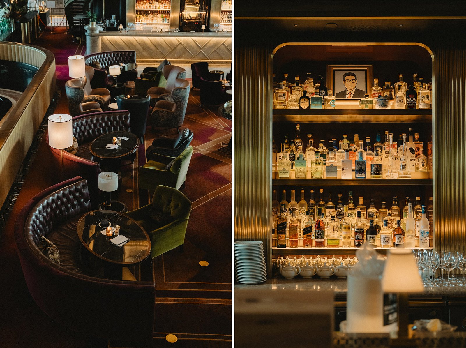 Elegant seating and bar at Atlas Bar Singapore wedding venue.