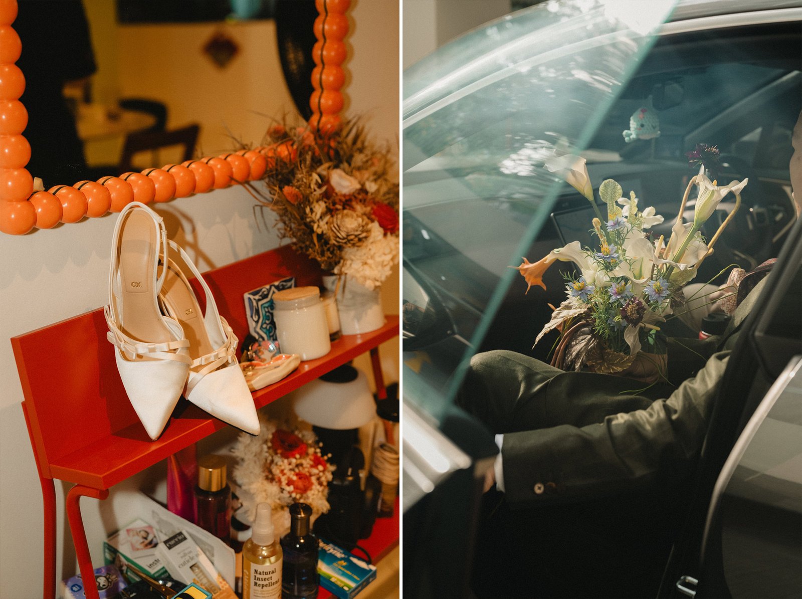 Wedding shoes and bouquet at Atlas Bar Singapore wedding