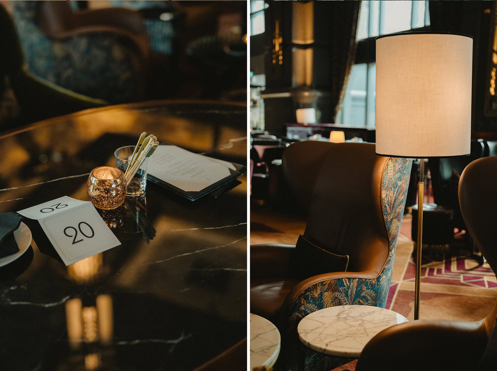 Table number 20 and cozy seating at Atlas Bar Singapore wedding.