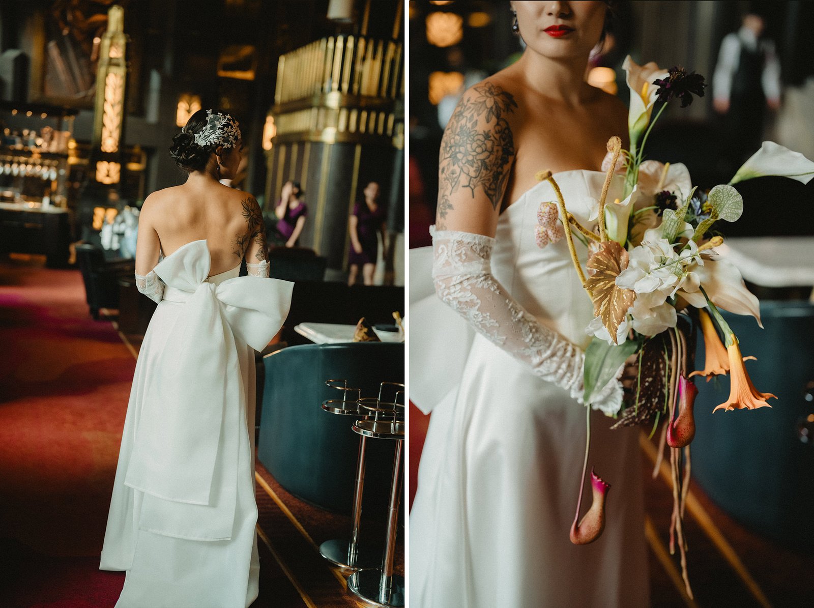 Bride in a white gown with a large bow at an Atlas Bar Singapore wedding.