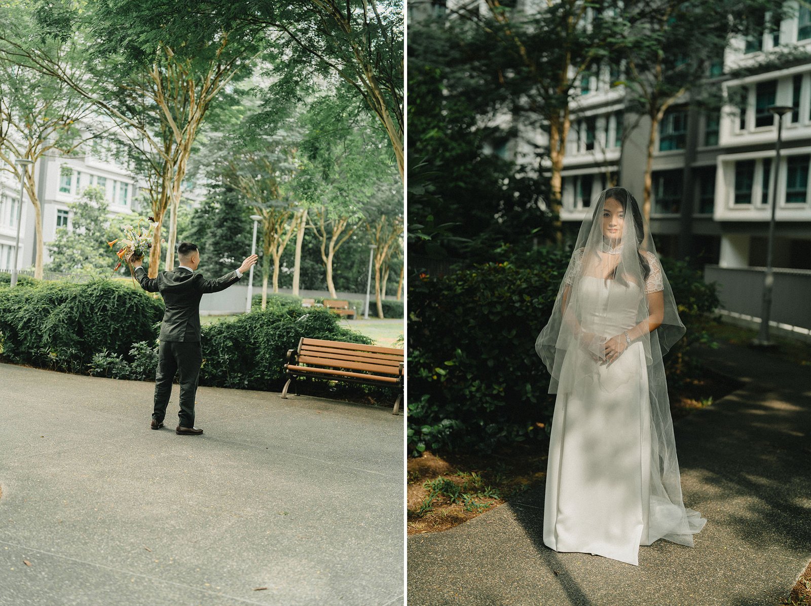 Groom with bouquet at Atlas Bar Singapore wedding, bride in veil