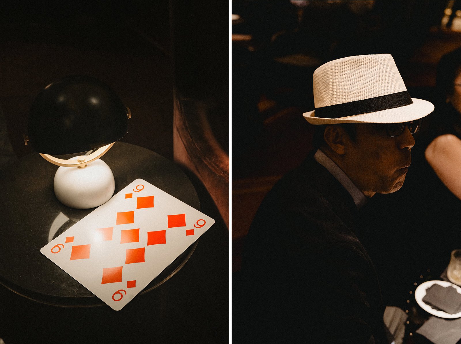 Atlas Bar Singapore wedding: Giant playing card and man in fedora