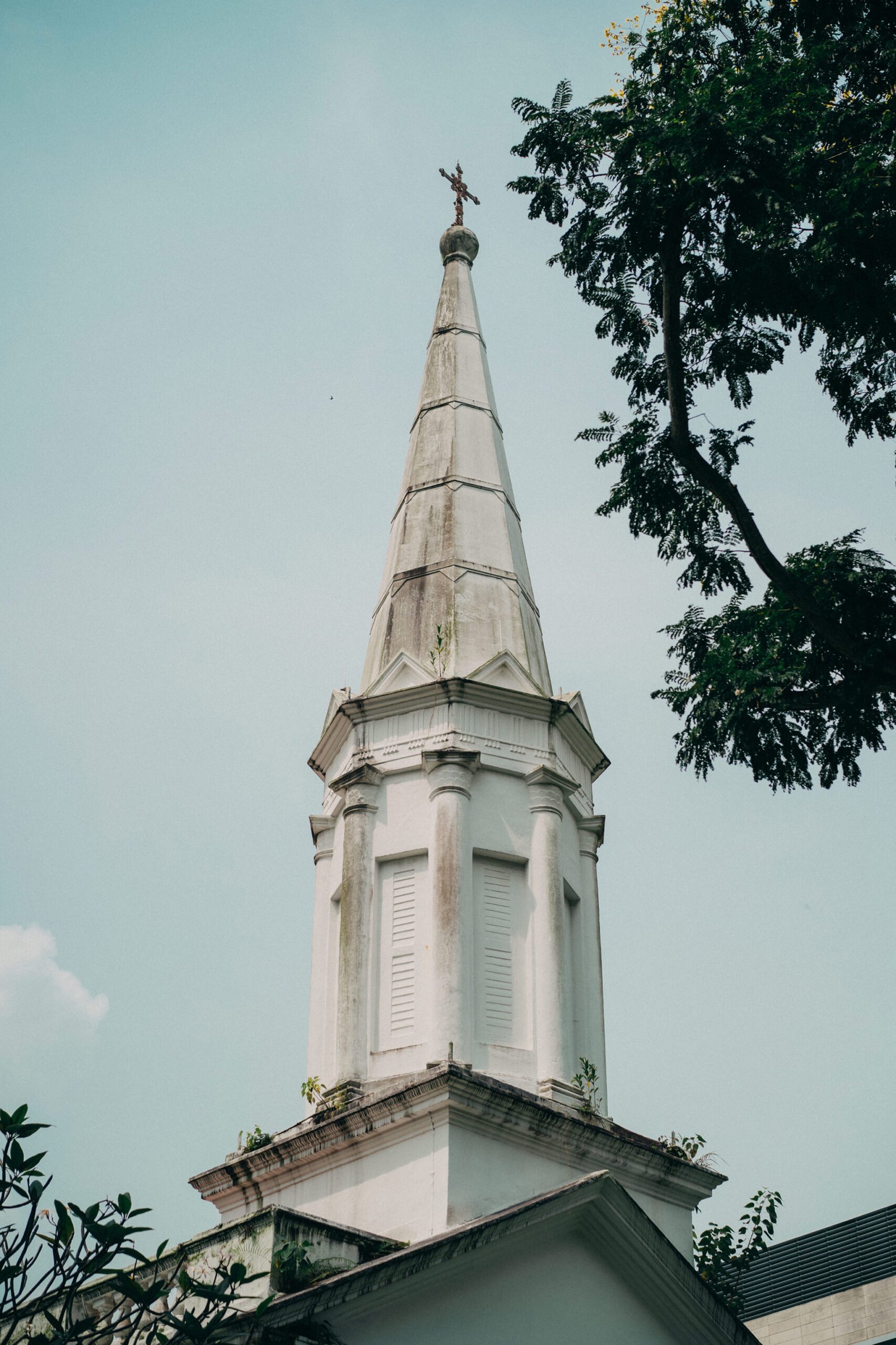 White church steeple with a cross on top, framed by lush green tree branches against a pale blue sky.