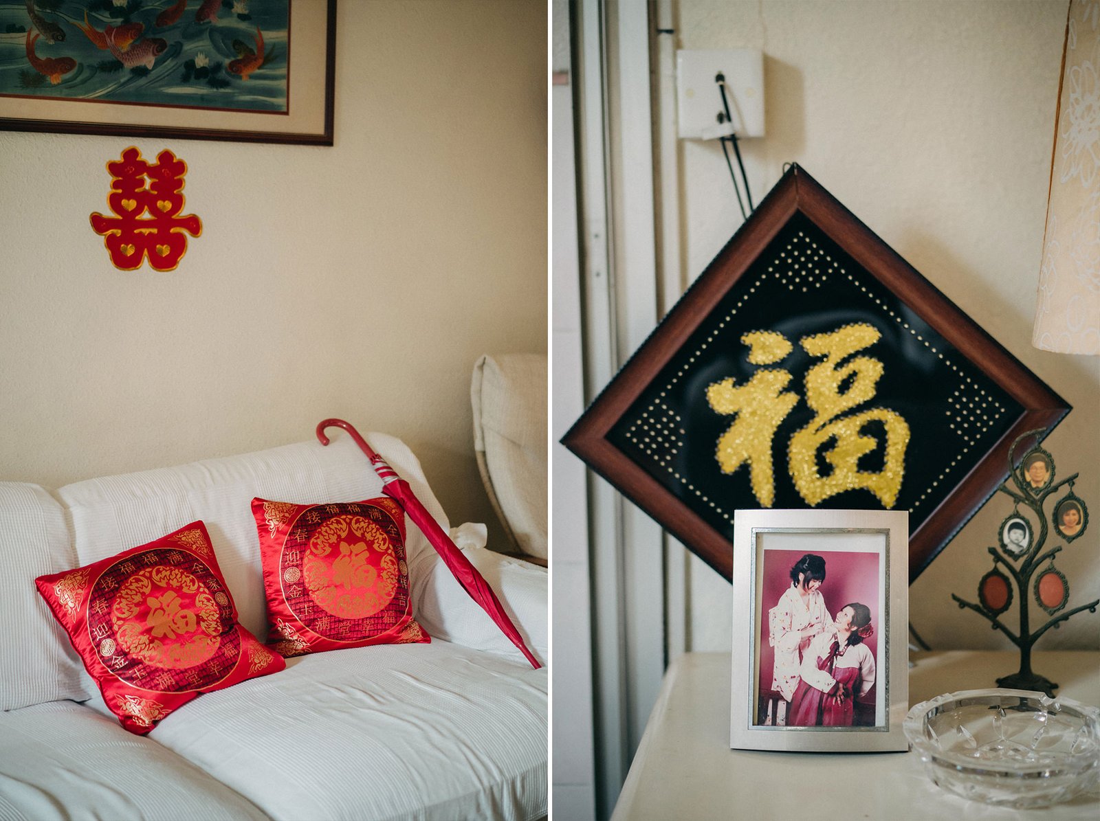 A split image shows a white couch with red decorative pillows featuring Chinese characters, a red umbrella, and a red "double happiness" symbol on the wall. The right side displays a framed "Fu" character, a framed wedding photo, and a decorative crystal dish on a table.