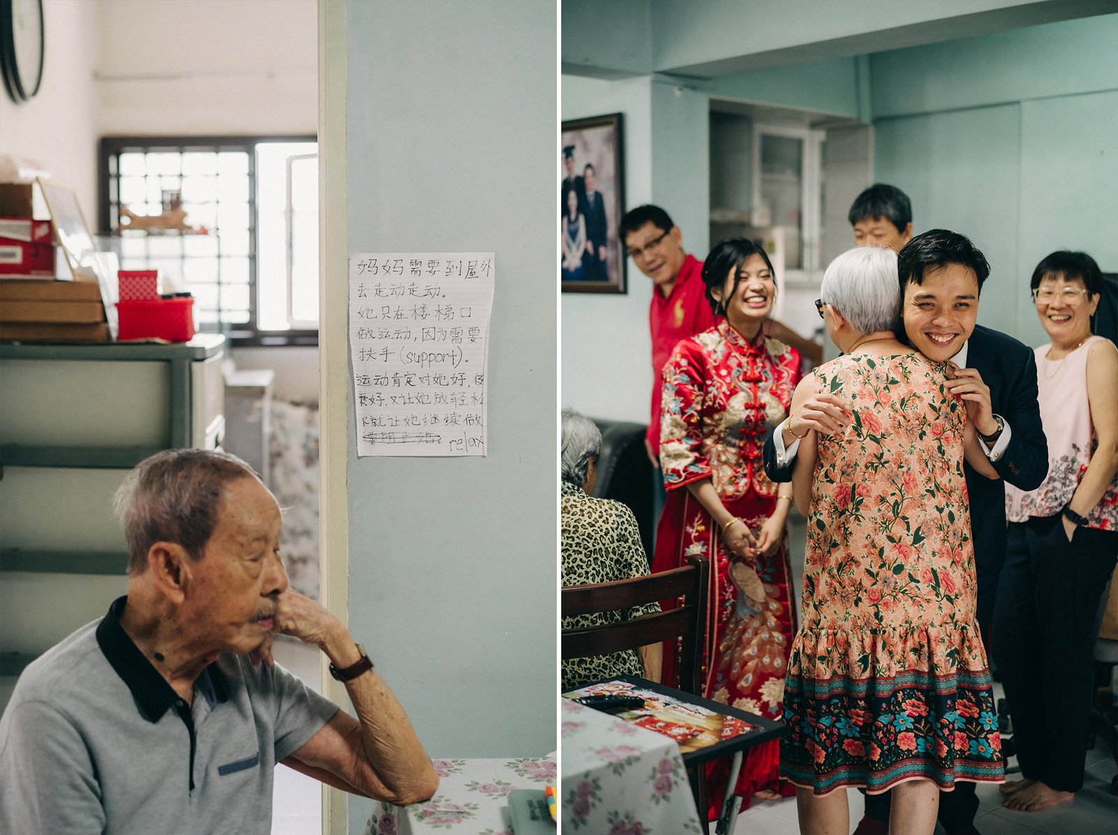 Elderly man in a grey polo shirt sits at a table, looking out a window. A handwritten note in Chinese is taped to the wall, reading "Mom needs to go to the hospital. If she is in pain, please call.