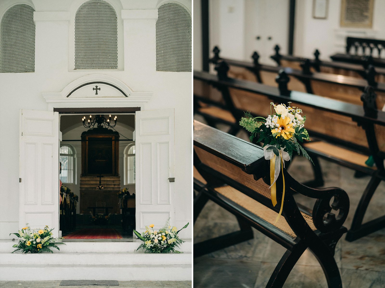 White church entrance with open doors revealing an altar, flanked by floral arrangements. Inside, dark wooden pews are decorated with small bouquets for a wedding.