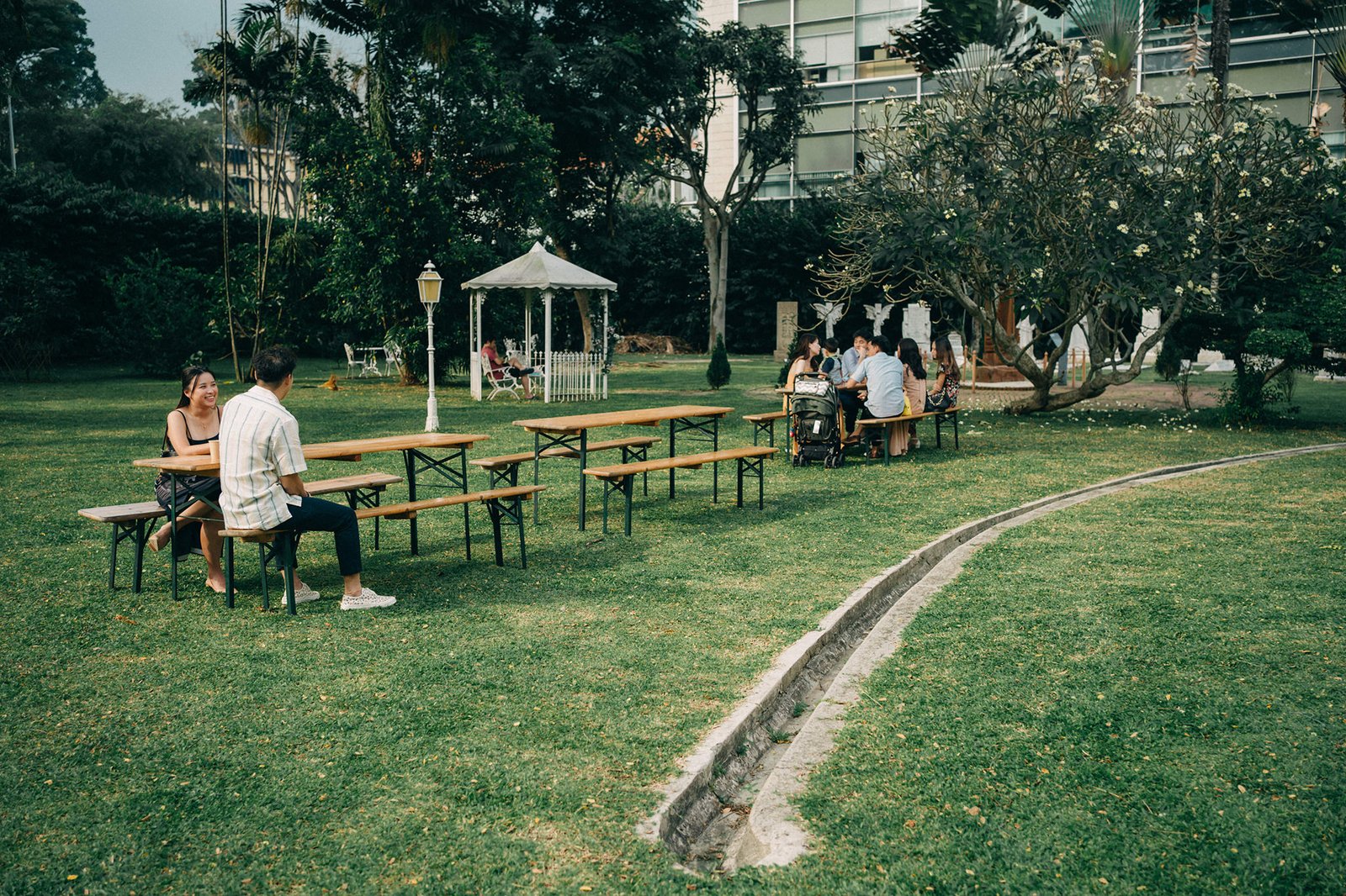 An outdoor gathering in a grassy park with people seated at picnic tables, enjoying a sunny day with lush greenery and trees.