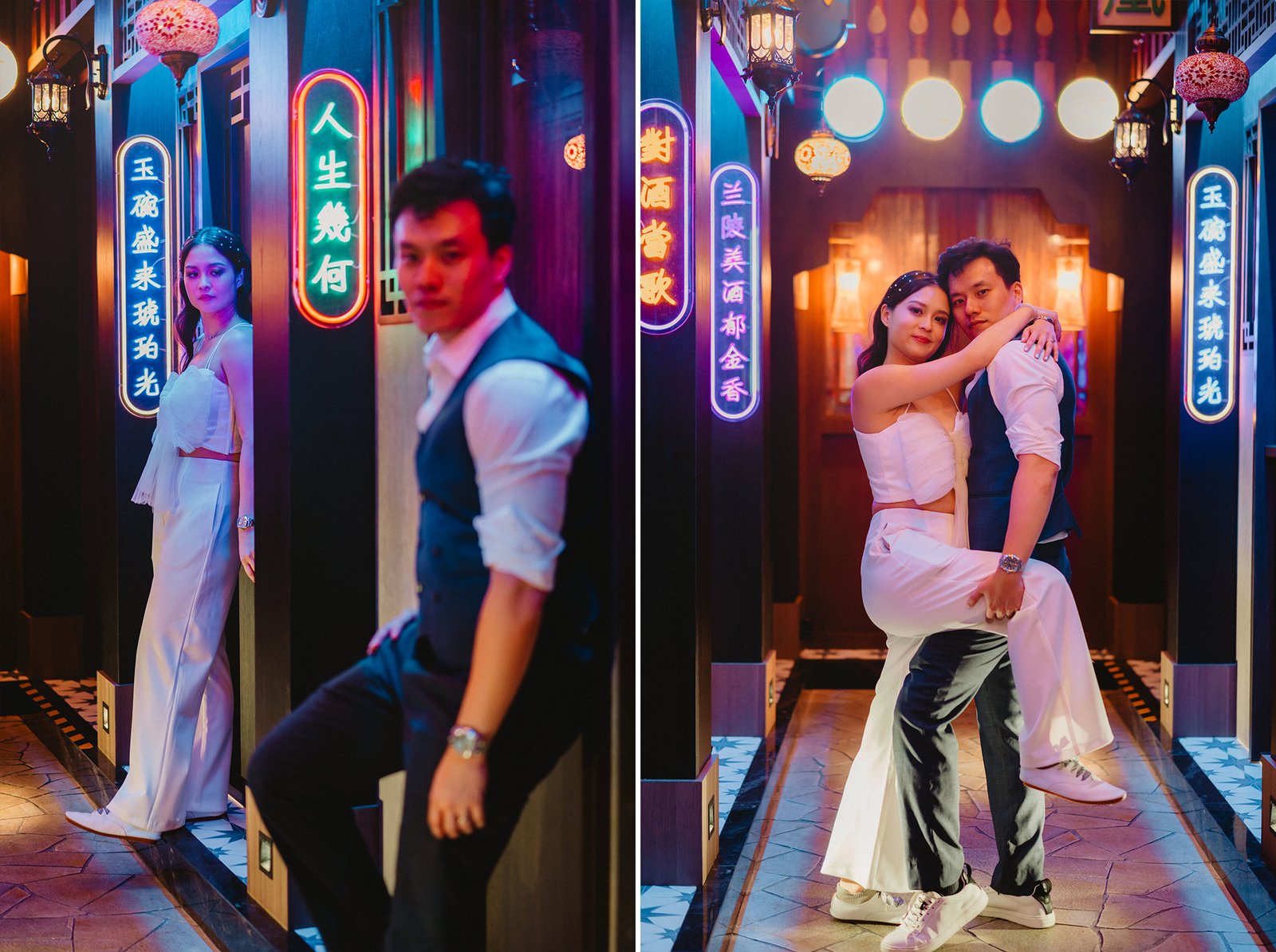Capella Singapore wedding: Couple poses in neon-lit alleyway with Chinese text