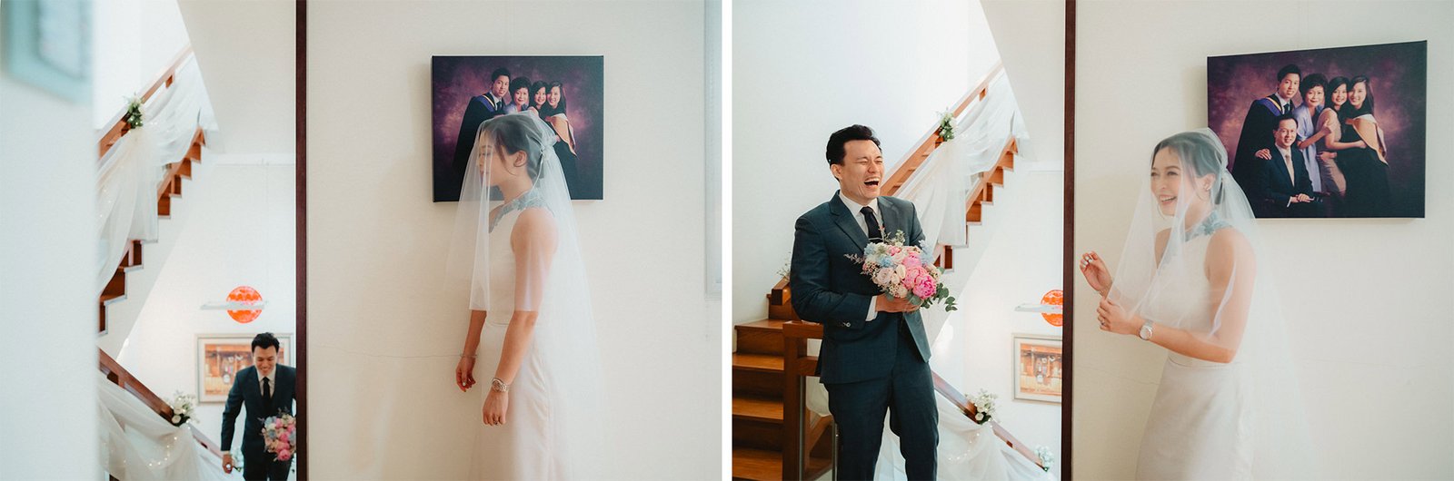 Capella Singapore wedding: Bride and groom sharing a joyful moment on the stairs