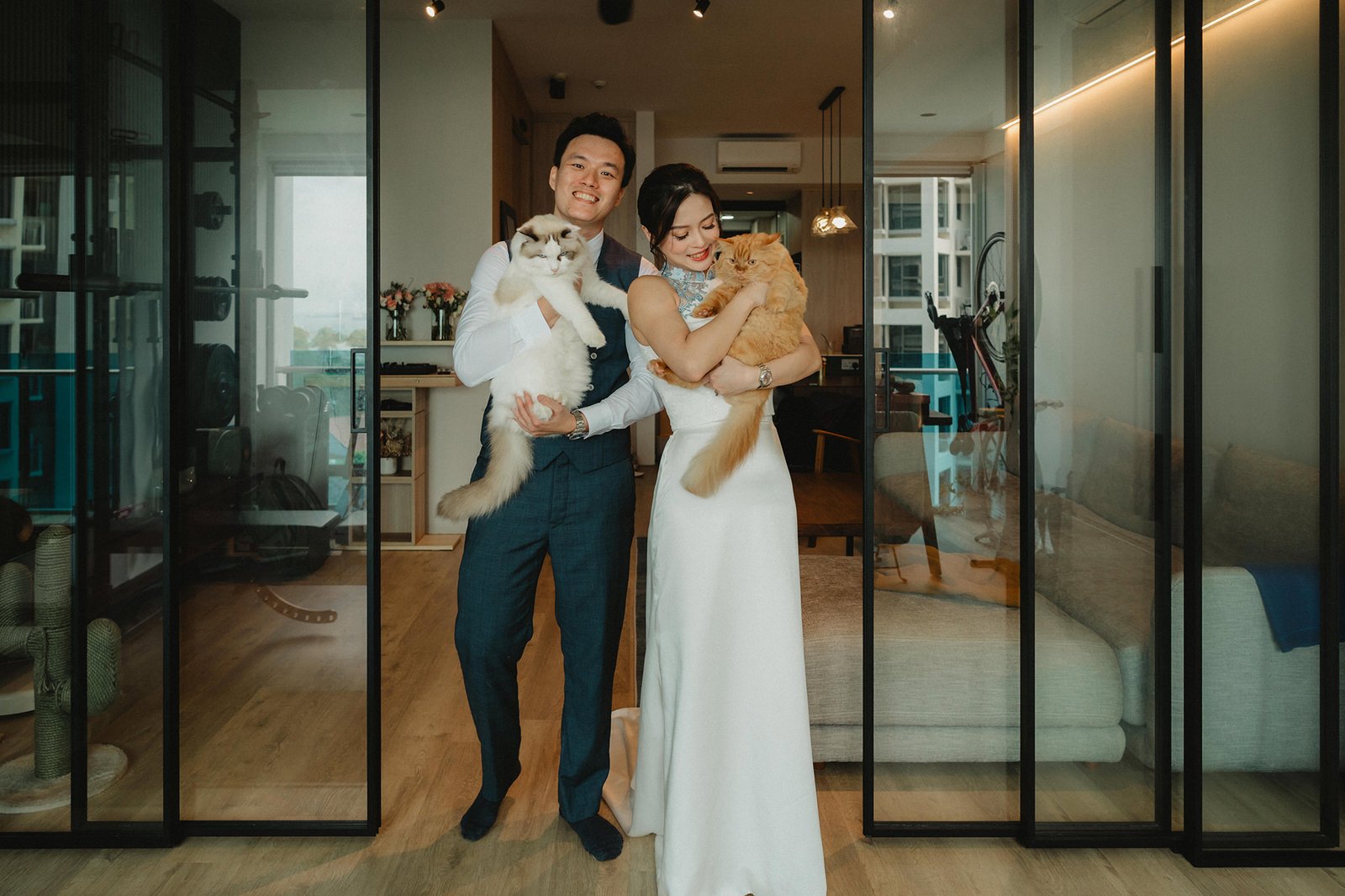 Han and Ming with cats at Capella Singapore wedding