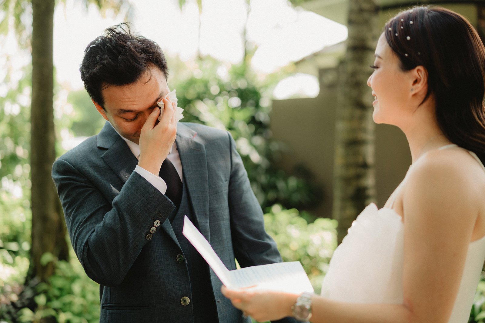 Groom Han cries reading vows to Ming at Capella Singapore wedding