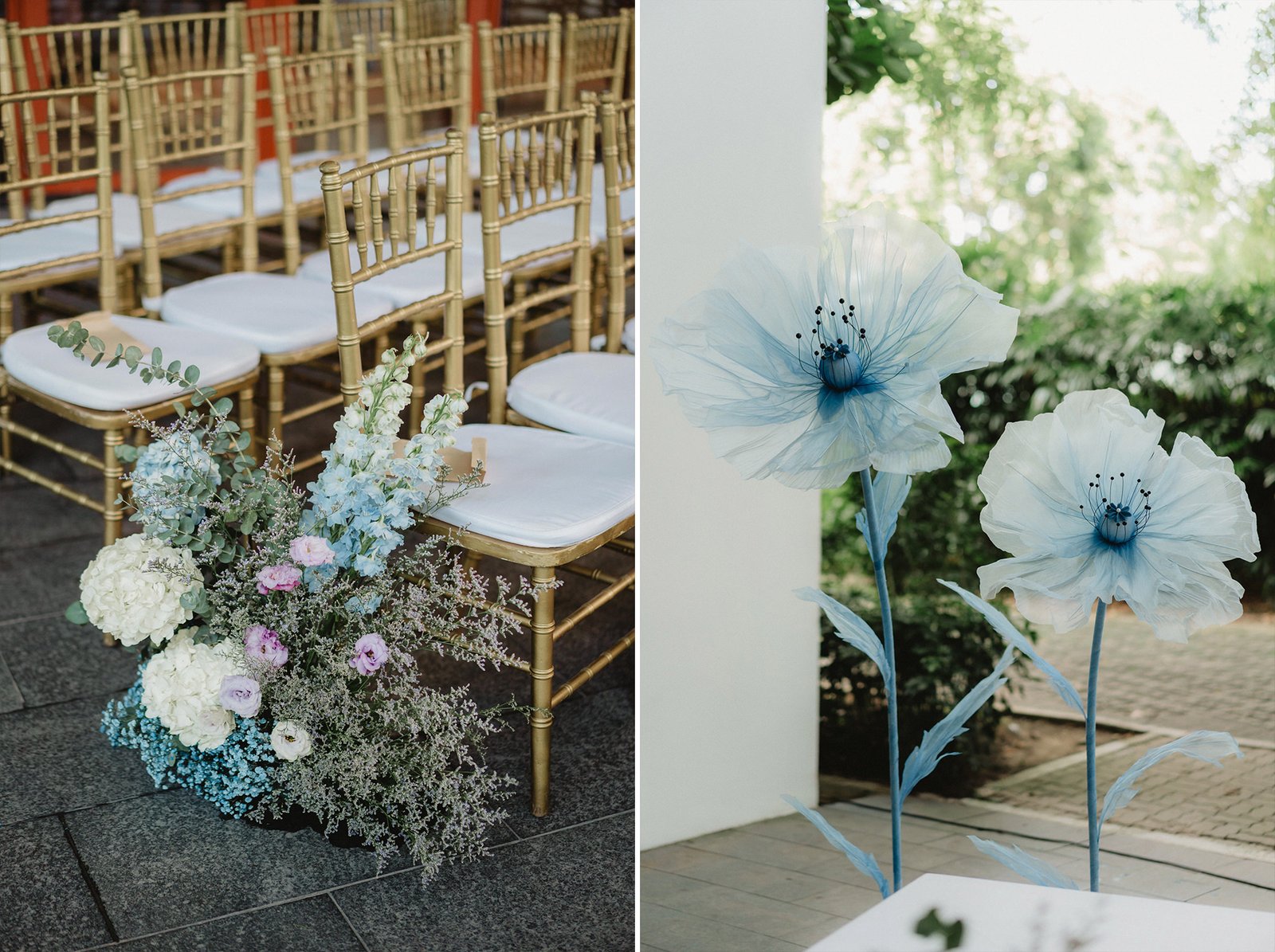 Capella Singapore wedding: Gold chairs and floral decor at Han + Ming's ceremony